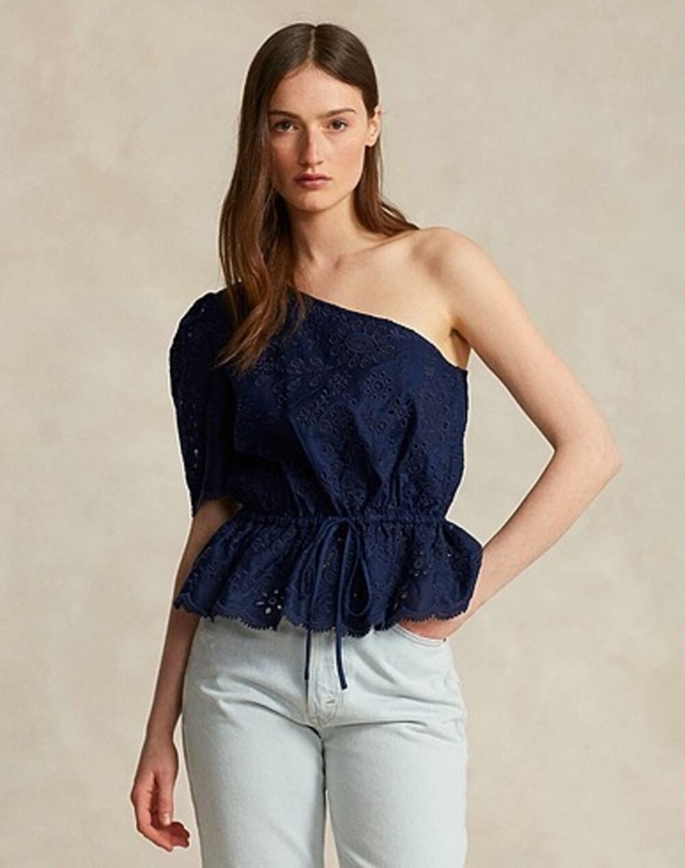 Polo Ralph Lauren One Shoulder Eyelet Linen Peplum Top Navy Size 2